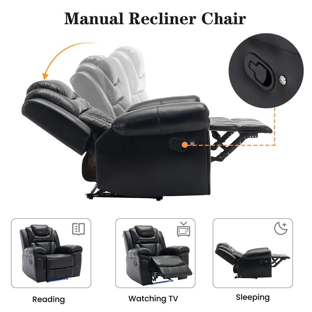 #￥Couple Manual Reclining Sofa Chair 2-seat Black Faux Leather Smart Electric Sofa Recliner Chair Supplier with Cup Holder LED