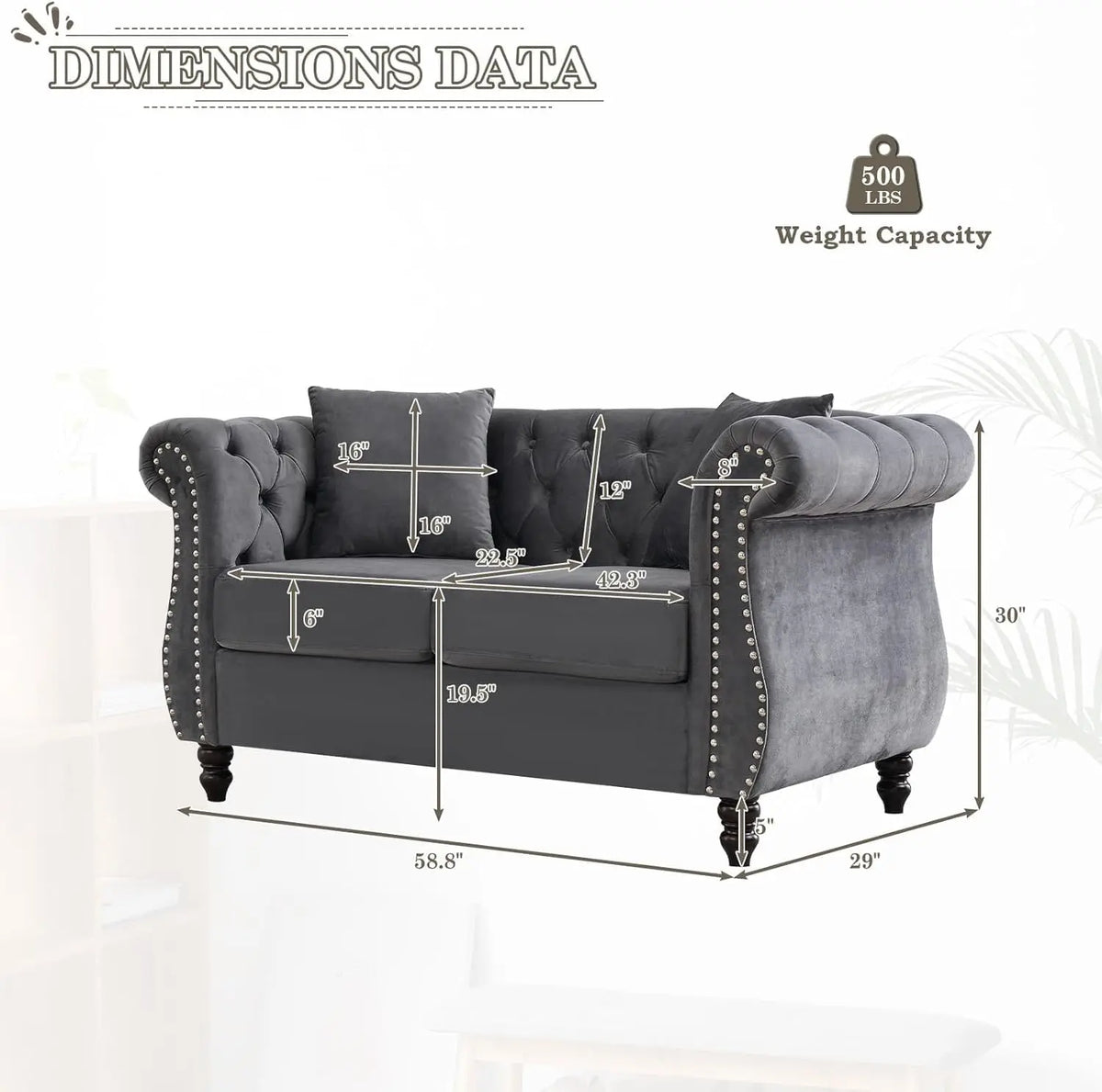 59" Chesterfield Loveseat Velvet Tufted Sofa with Rolled Arms & Nailhead for Living Room Bedroom Office, Grey, Customized