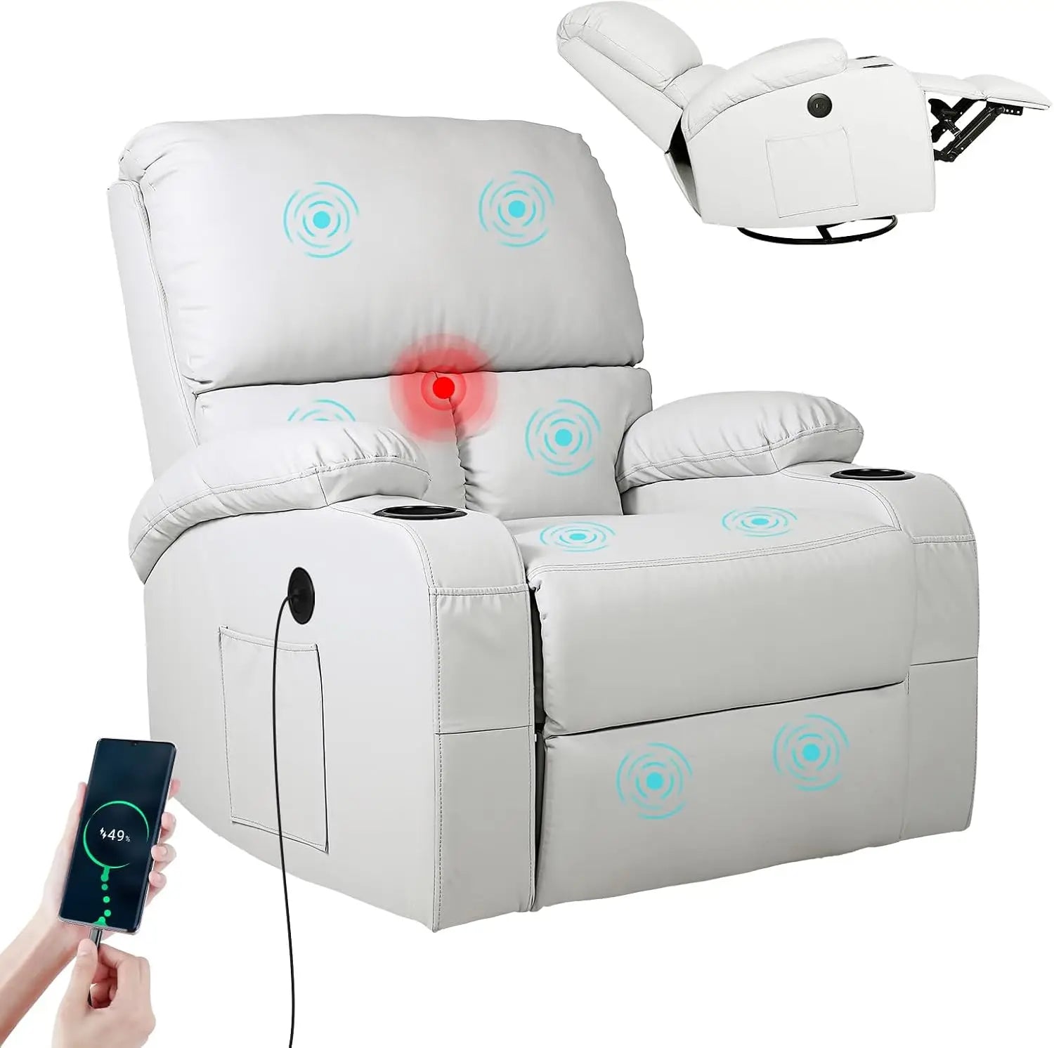 Rocking Recliner Chair, Massage Rocker Recliner Chair with Vibration Massage and Heat, USB and Type-C Ports,360° Swivel Faux Lea