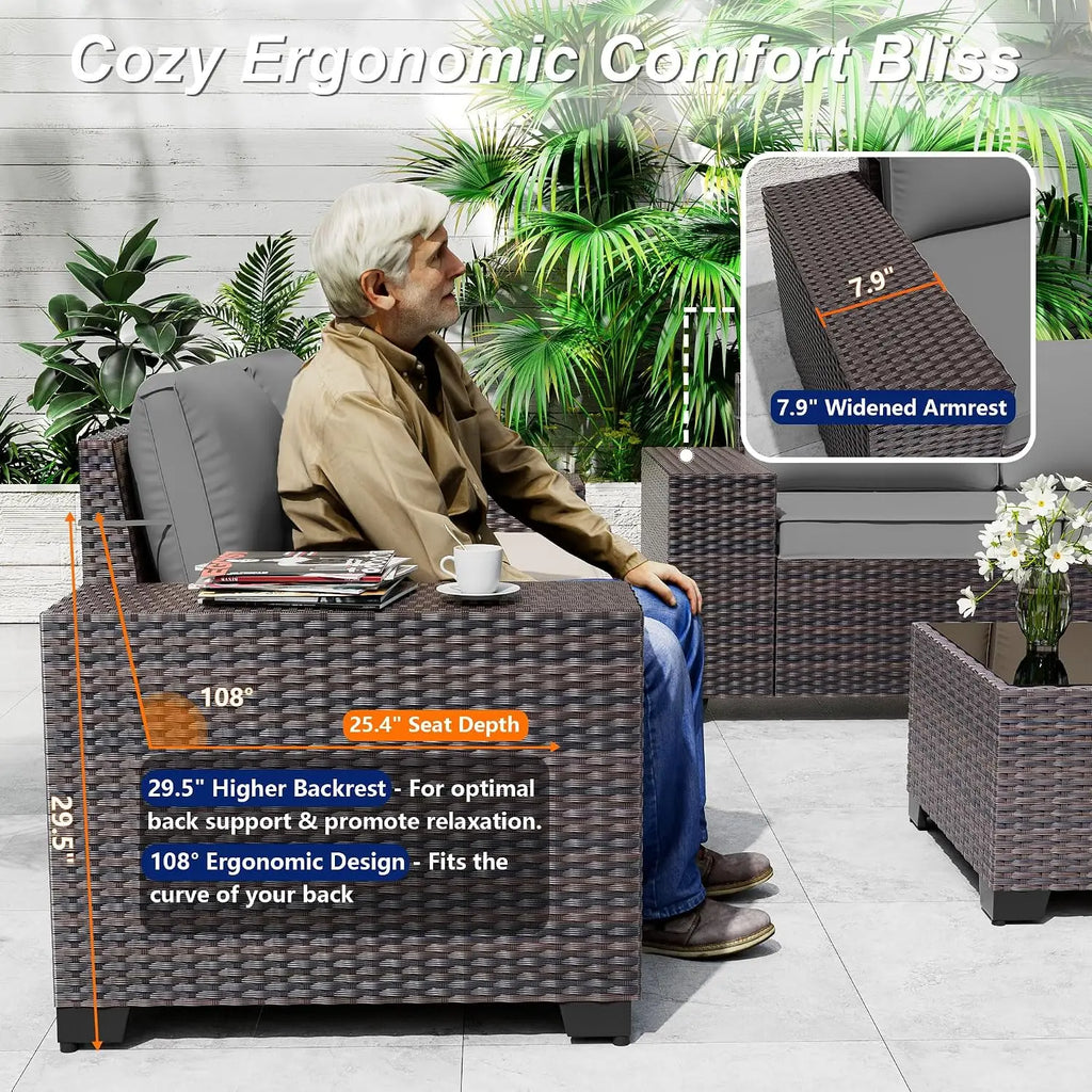 Outdoor Sectional Sofa Set w/Gas Fire Pit, 7 Pieces PE Wicker Patio Furniture, 43in Propane Table, Grey, Customized