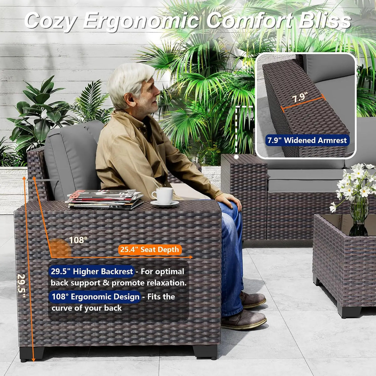 Outdoor Sectional Sofa Set w/Gas Fire Pit, 7 Pieces PE Wicker Patio Furniture, 43in Propane Table, Grey, Customized