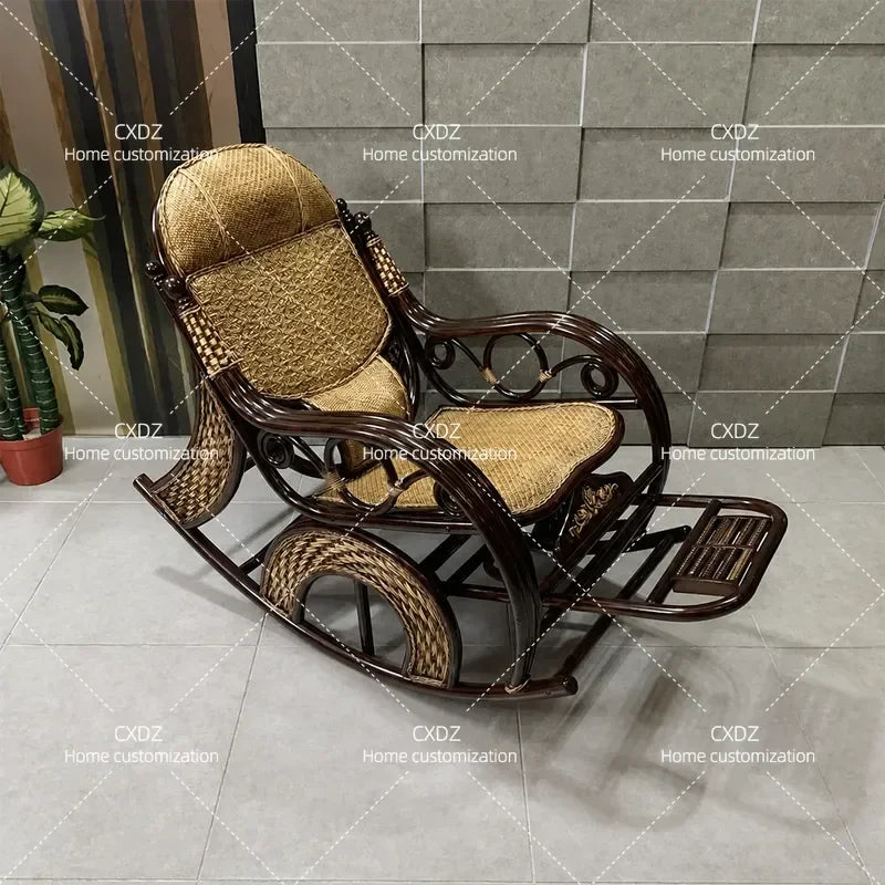 Rattan Rocking Chair for Adults and Elderly Balcony Leisure Recliner Rural Style Comfortable Nap Chair Home Furniture