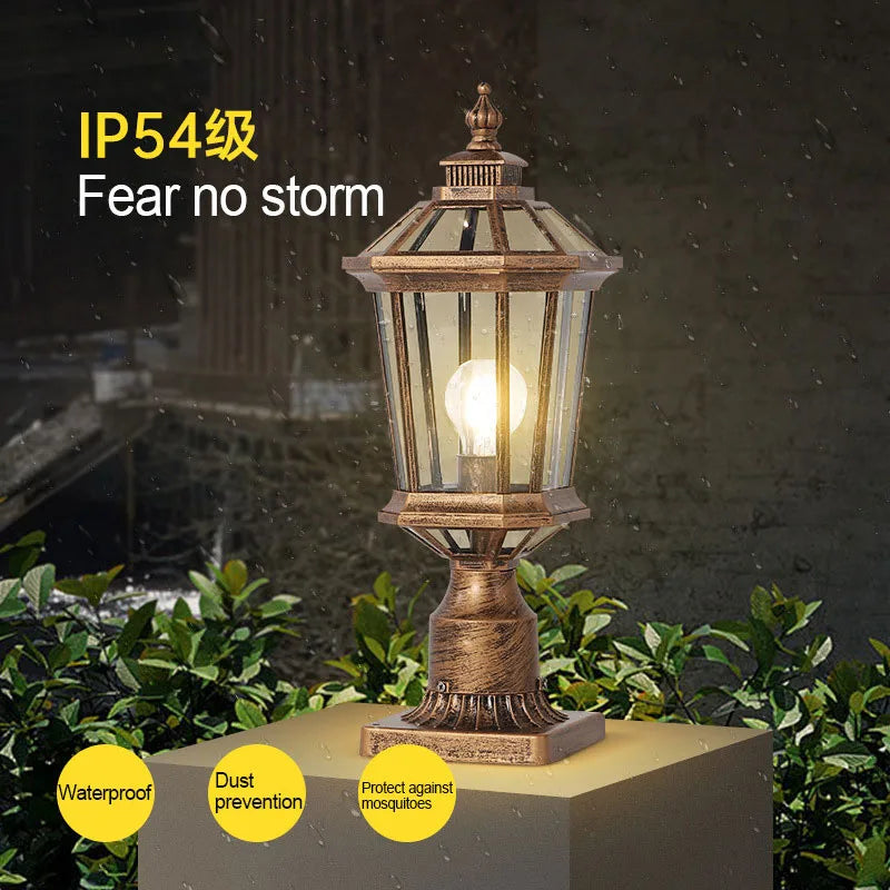 Waterproof Gold Garden Landscape Column Light Outdoor Door Post Porch Light with Glass for Villa Decor