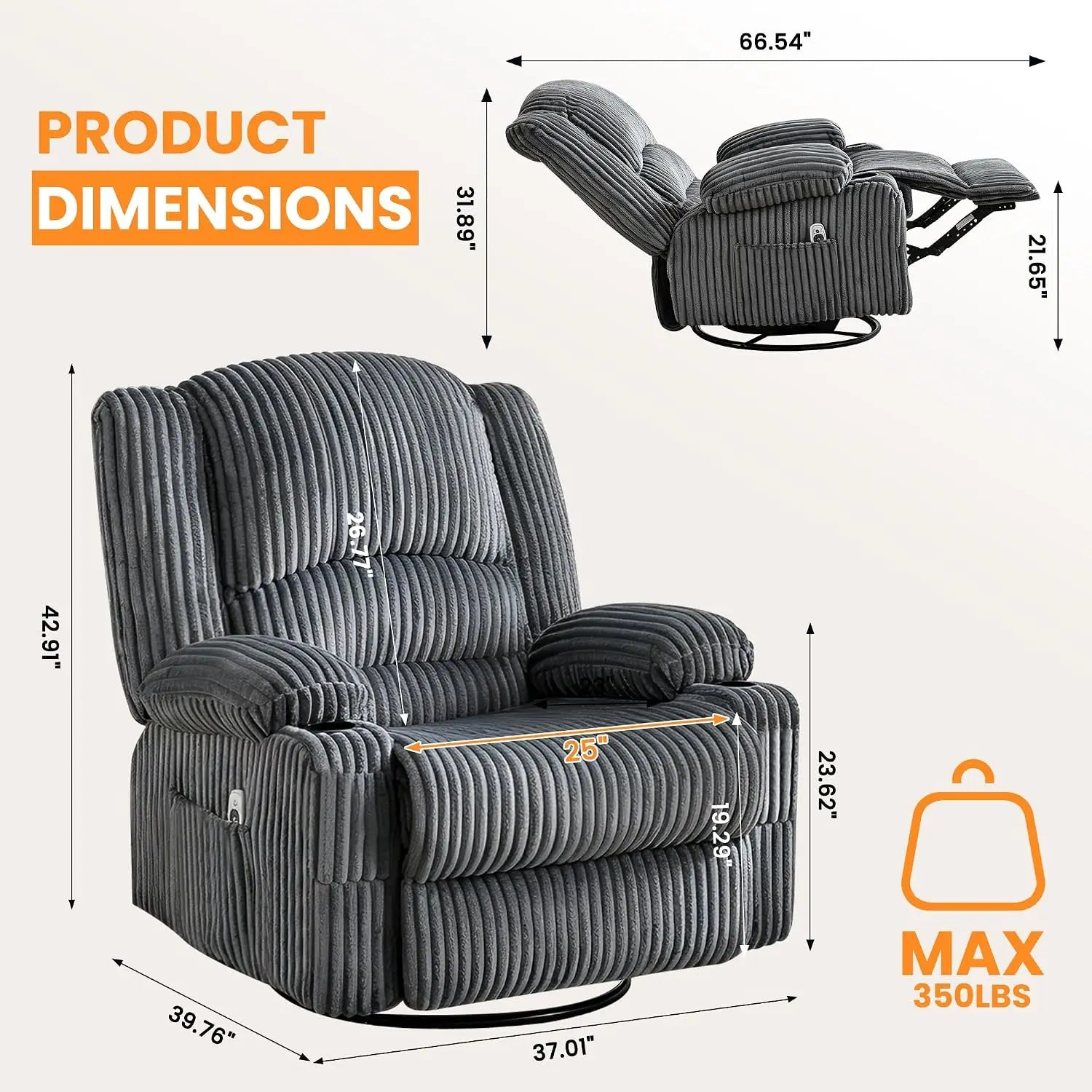 Oversized Corduroy Recliner Chair with Massage and Heat, 360° Swivel Rocker | Corduroy recliner with USB charging, cup holders a