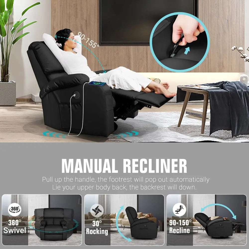 Rocking Recliner Chair, Massage Rocker Recliner Chair with Vibration Massage and Heat, USB and TypeC Ports,360 Swivel Faux Leat