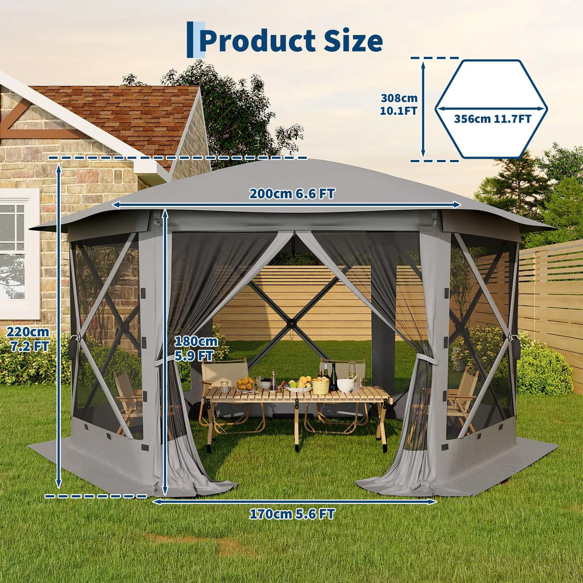 Portable Collapsible Gazebo Screen Tent – 6-Sided, 13FT/11FT, Removable Canopy Top, Bite-Proof Mesh, All-Weather Outdoor Shelter for Camping, Patio, Backyard