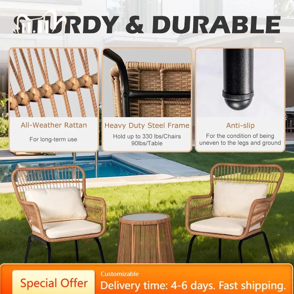 3 Piece Outdoor Wicker Furniture Set, Rattan Chairs and Table for Balcony Poolside Backyard, Yellow/Beige Patio Bistro