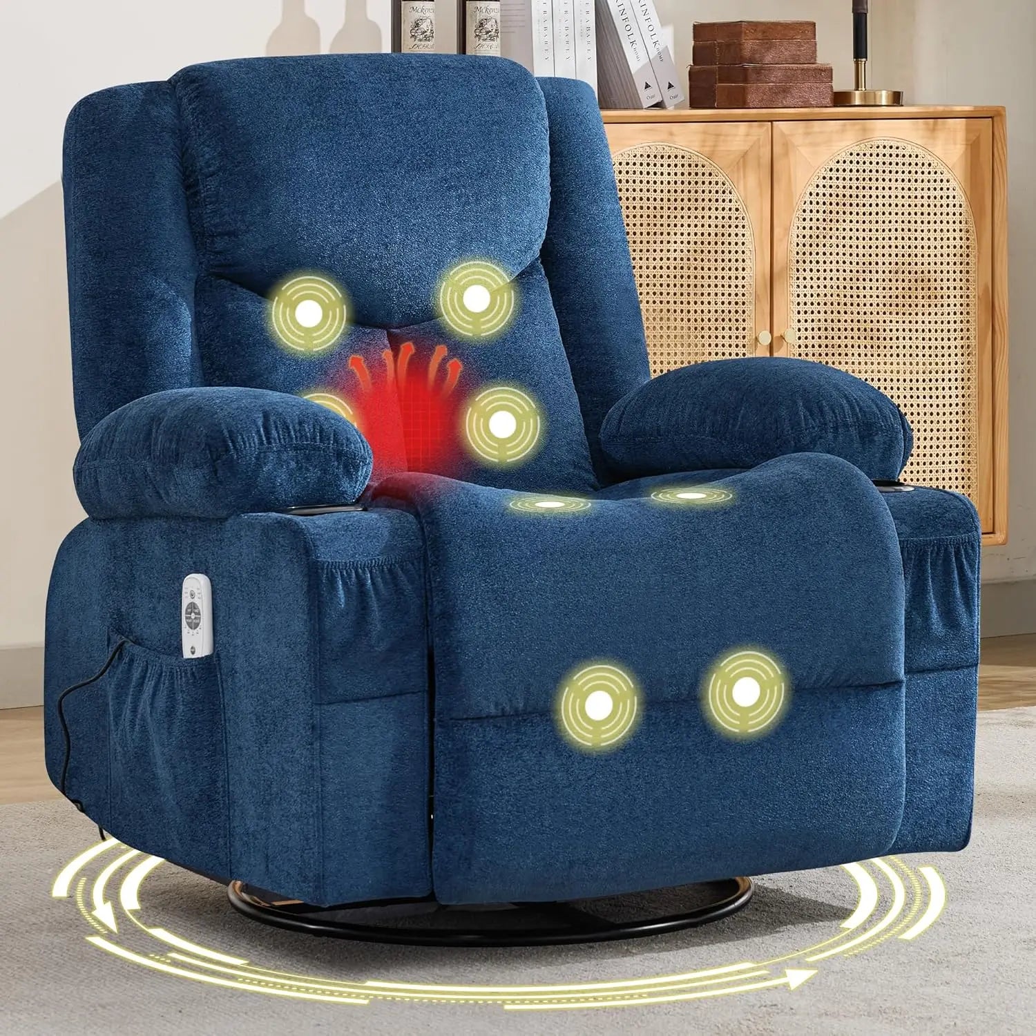 Swivel Recliner Chair w/ Massage & Heat, Rocker, Side Pocket & 2 Cup Holders, Living Room, Customized