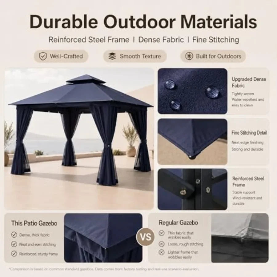10'x13' Outdoor Gazebo, Heavy Duty Metal Patio Canopy Tent Shelter with Double Roof, Mosquito Netting and Privacy Curtains for
