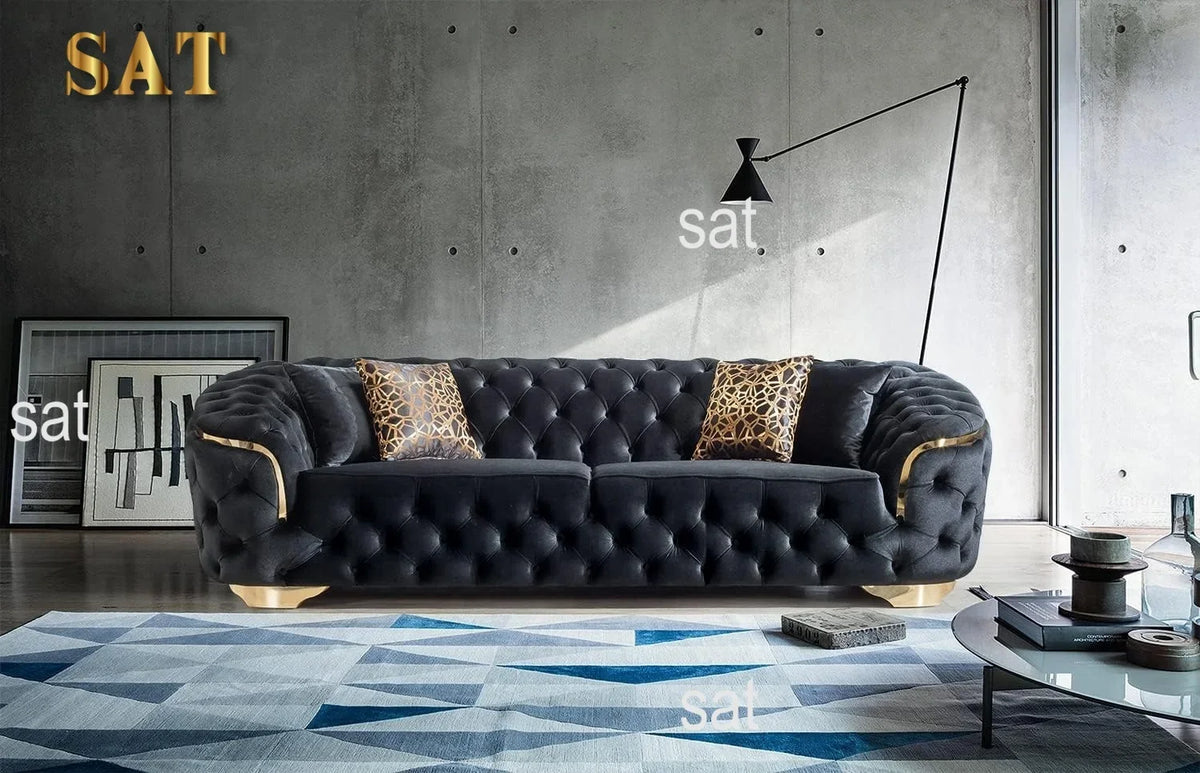 A Light Luxury Living Room Black Velvet 2 Seater Sofa With Gold Leg Upholstered Tufting Loveseat Lounge Sofas Couch Sets