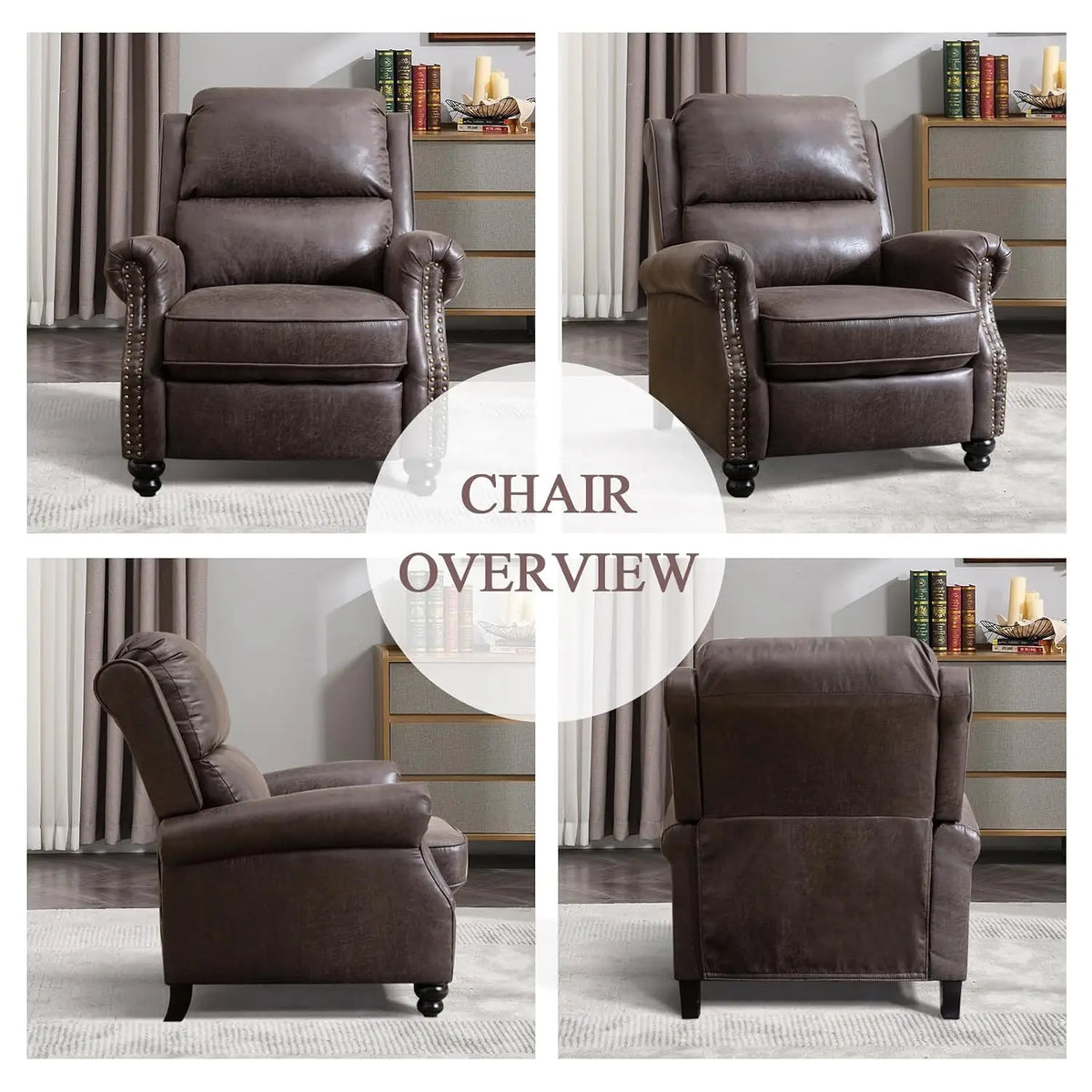 Faux Leather Pushback Recliner Chair Set of 2 with Rivet Decoration for Living Room, Dark Grey, Customized