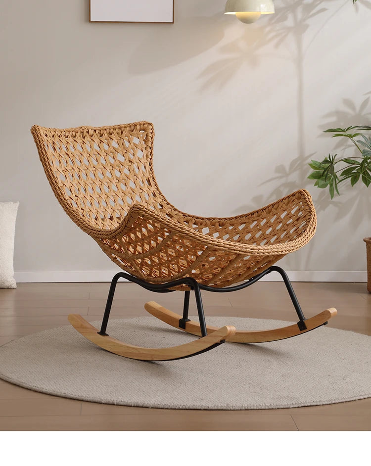 Rattan Rocking Chair for Sleeping Single Recliner Lounge Chair for Living Room Patio Outdoor Relaxing Seat Natural Wicker Rocker