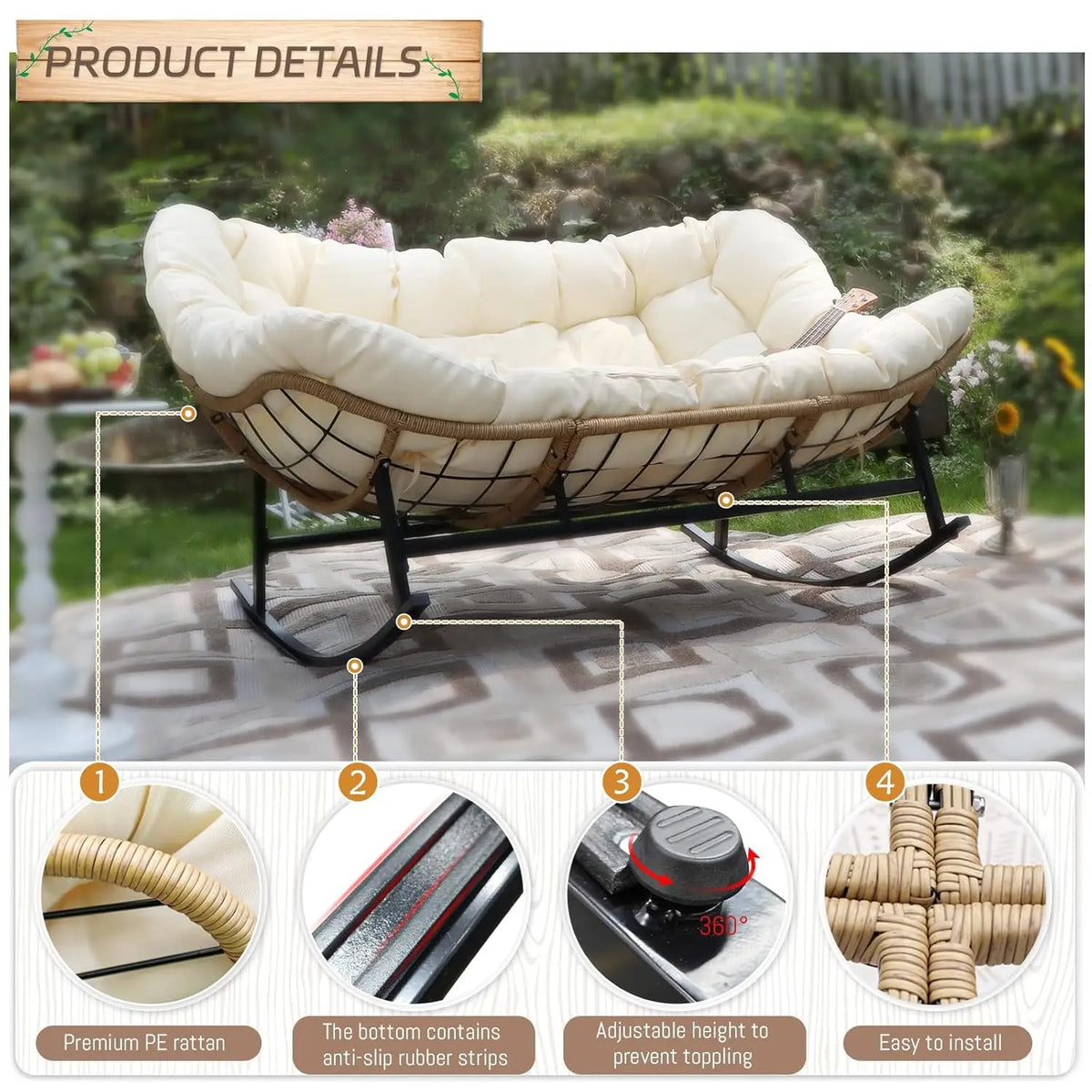 #Double Wide Rocking Chair with Cushion, Oversized Rattan Rocking Egg Chair Outdoor for 2, Extra Large 700, Customized