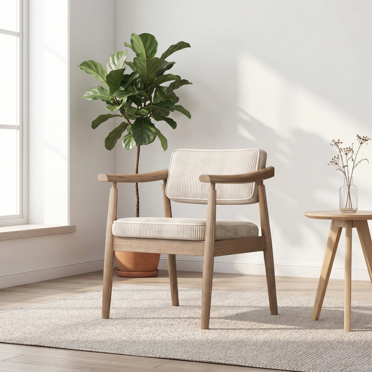 Corduroy Armchair Modern Ash Wood Chair Furniture Low-Slung for Reading Corner, Dining Room