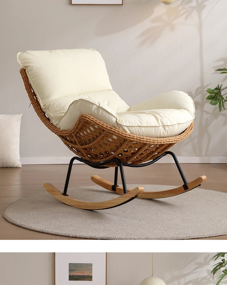 Rattan Rocking Chair for Sleeping Single Recliner Lounge Chair for Living Room Patio Outdoor Relaxing Seat Natural Wicker Rocker