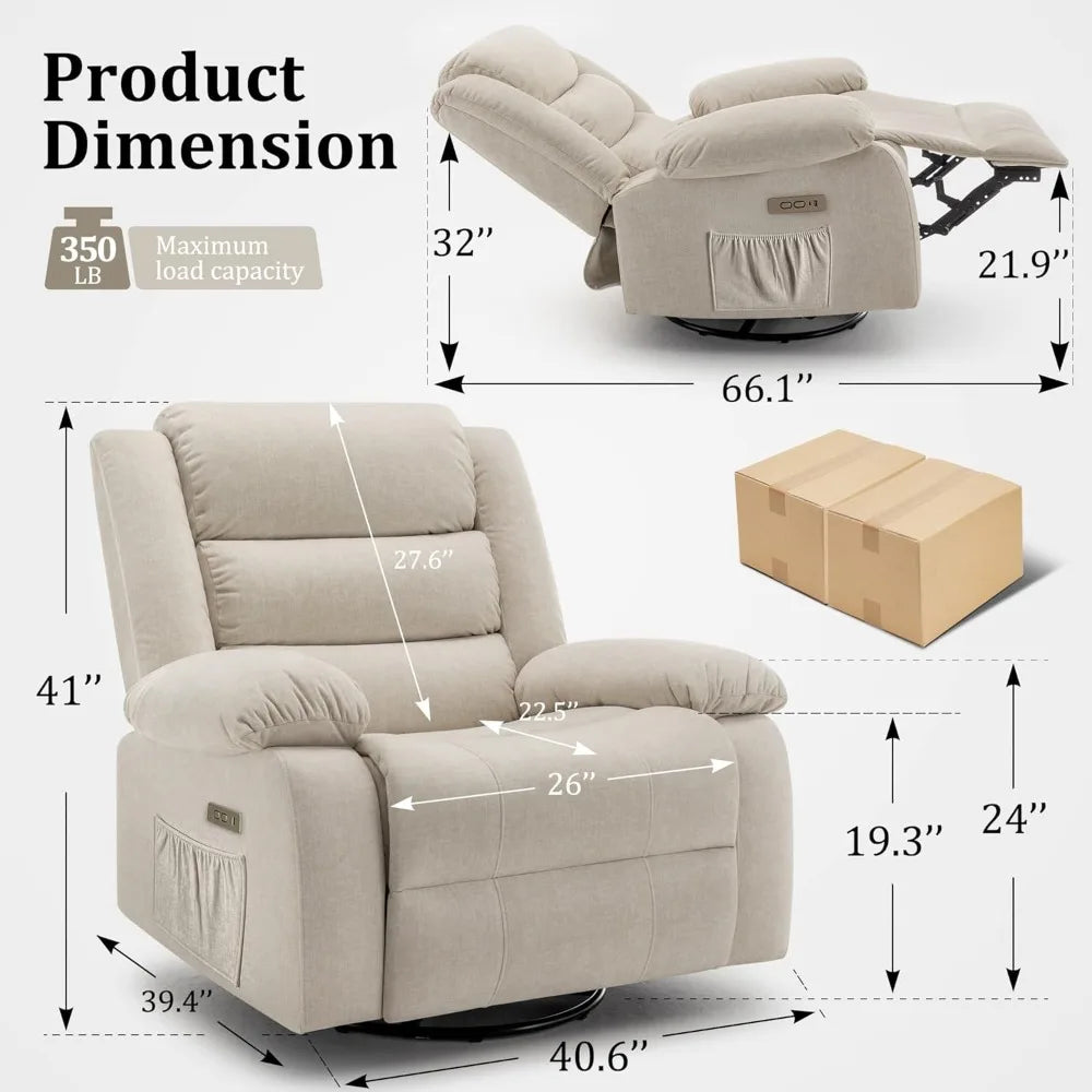 Power Recliner Chair with Massage Heat 270° Swivel USB Port Oversized Wide Seat Beige