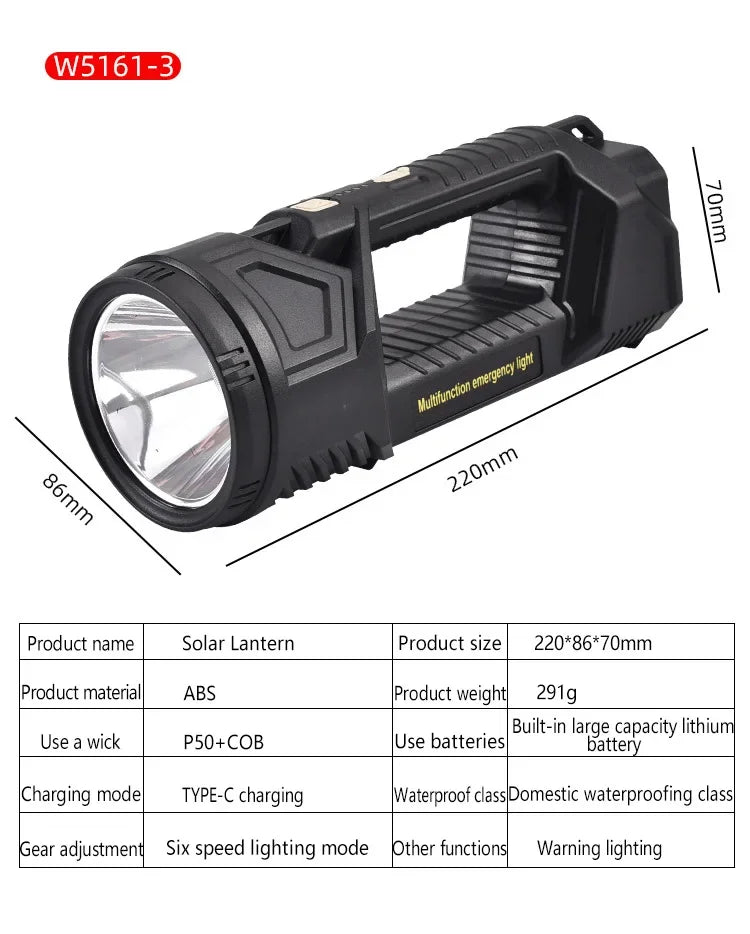 Powerful XHP70 LED Flashlight Solar Charging Searchlight Long Range USB Rechargeable Camping Lantern Multifunctional Work Light