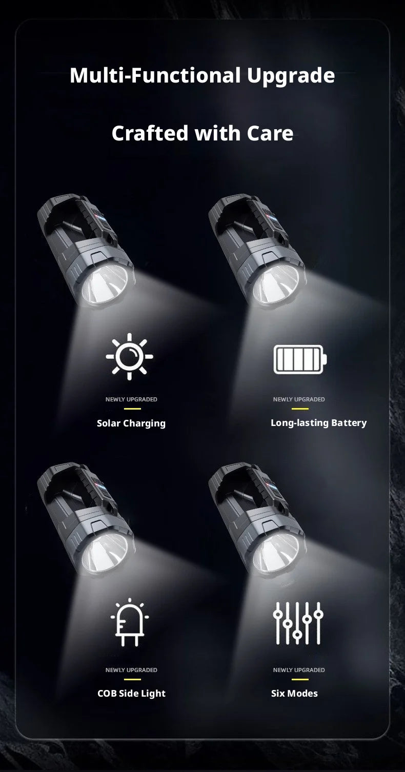 Portable Solar Powered Flashlight Ultra-Bright Home Use Spotlight Outdoor Long Battery Life High Power Strong Light Flashlight