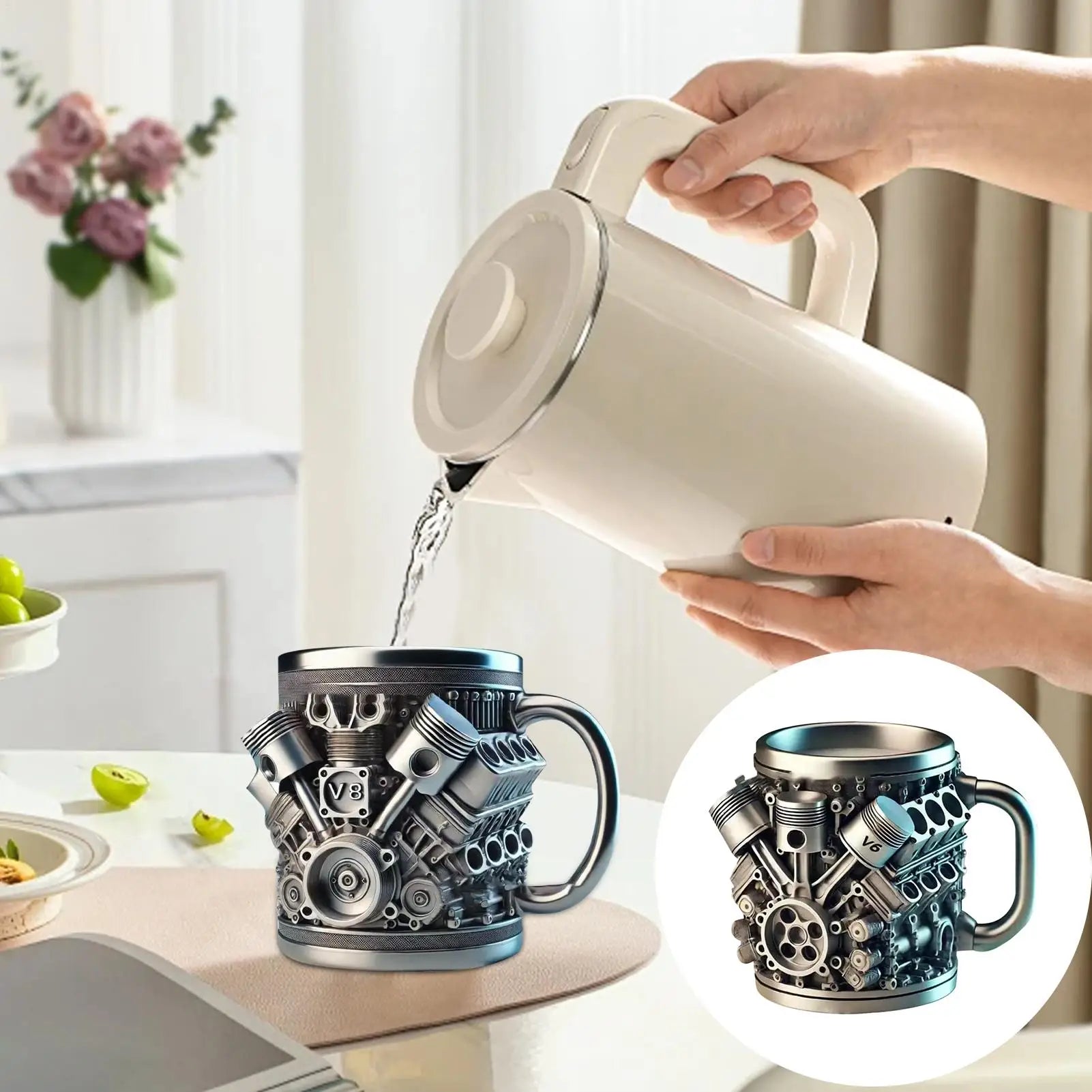 Stainless Steel Drink Mug Engine Design Water Drink Mug Beverage Tea Juice Milk Container Double Wall Insulated for Morning