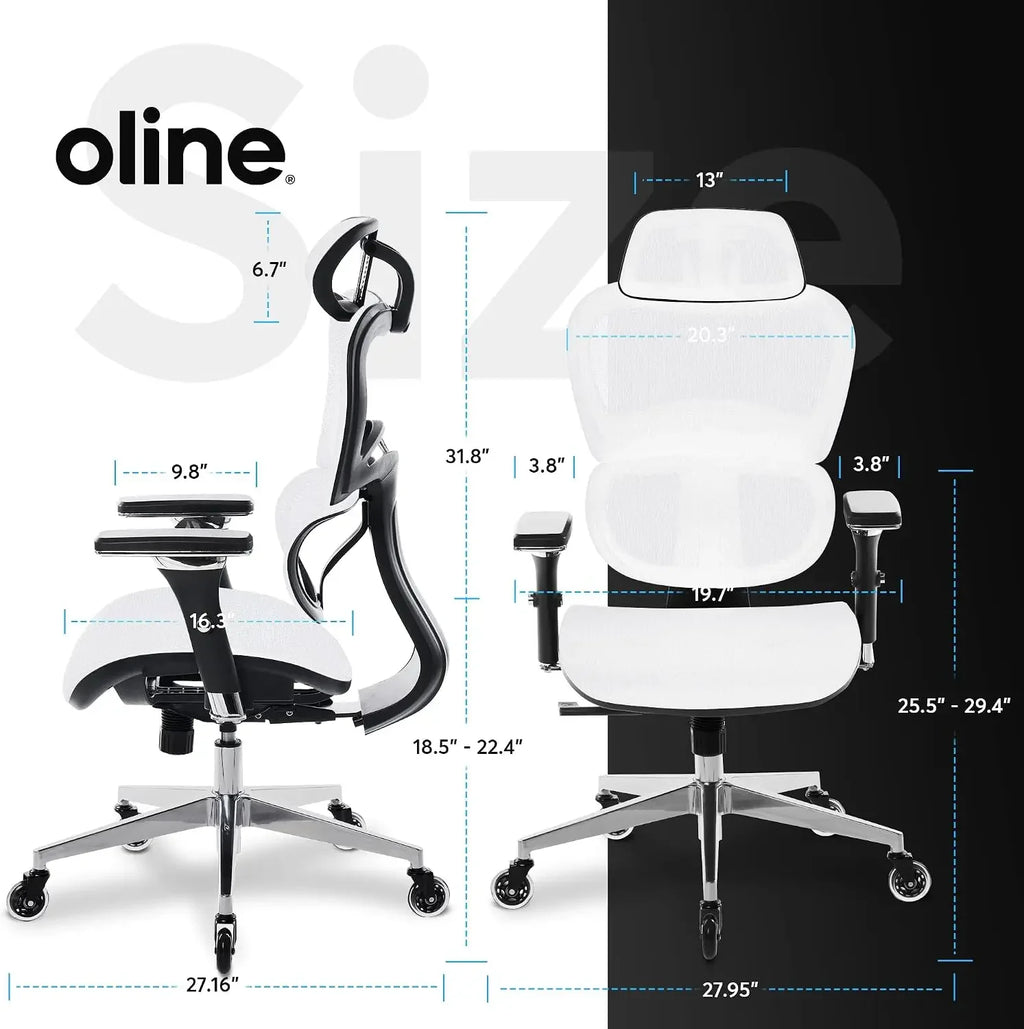 Oline ErgoPro Ergonomic Office Chair with 4D Adjustable Armrest, 3D Lumbar Support and Blade Wheels - Mesh Computer Gaming Rolling Desk Executive Swivel Home Chair (White)