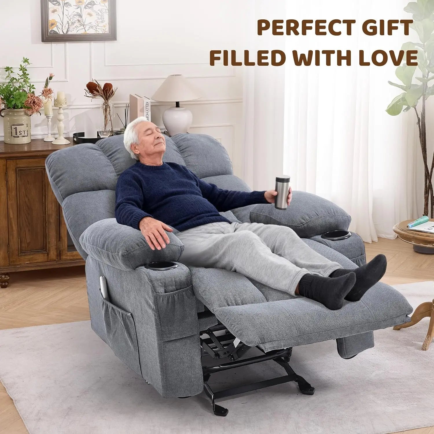 Massage Rocking Recliner with Vibration & Heat, Nursery Lounge Chair with 4 Pockets, 2 Cup Holders & USB Port, Grey, Custom