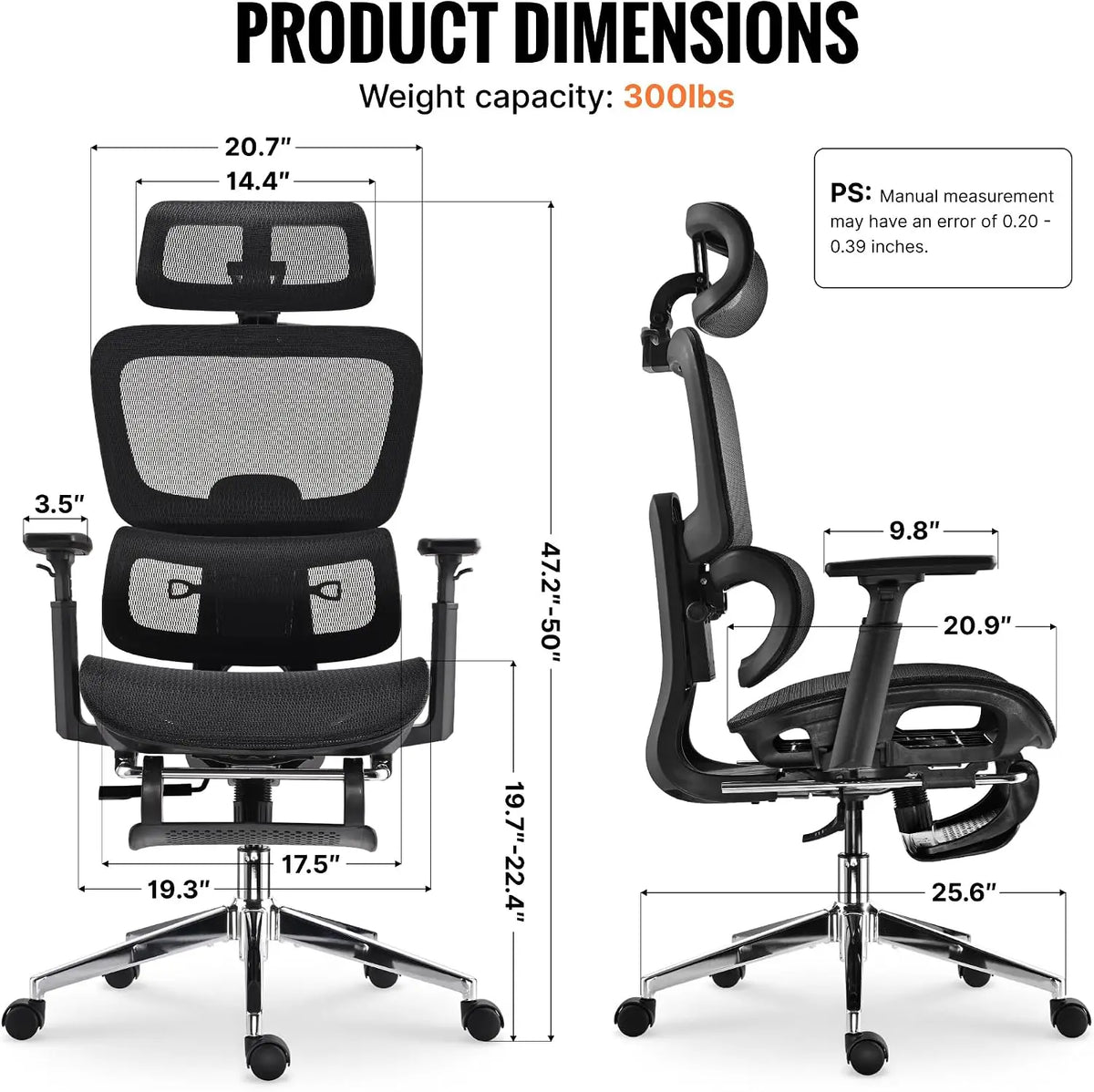 Ergonomic Office Chair, Home Mesh Desk Computer Chair, Comfortable Gaming Chair with Footrest, Wheels, Adjustable 2D Headrest, L