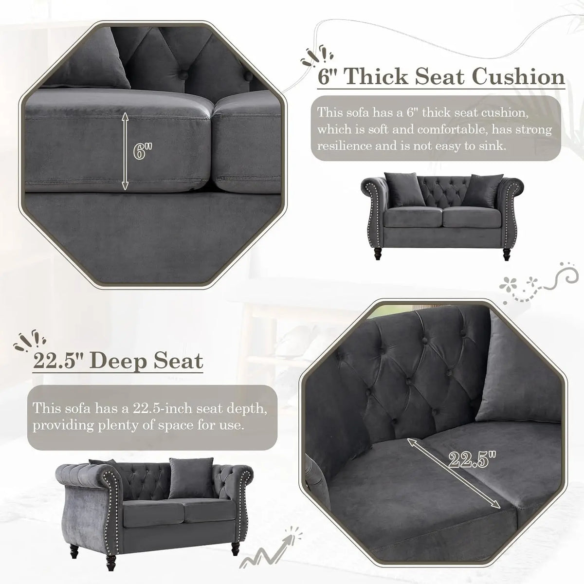 59" Chesterfield Loveseat Velvet Tufted Sofa with Rolled Arms & Nailhead for Living Room Bedroom Office, Grey, Customized