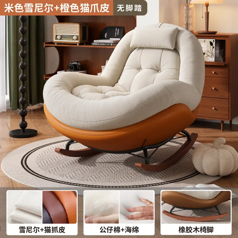 Cozy Button Tufted Rocking Leisure Chair, Curved Wrap-around Chenille Padded Single Recliner Sofa Chair With Wooden Rocking