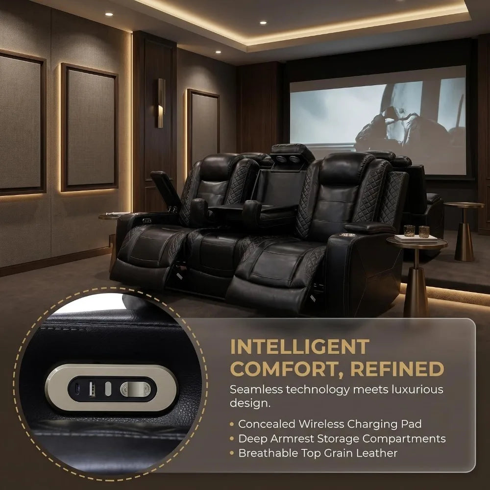 3-Piece Power Recliner Sofa Set, Leather Sectional with Drop-Down Table, Cup Holders, Storage Console, LED Light, Black