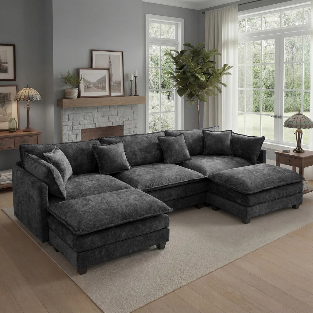 Redlife 113.4" Modular Sectional Sofa with Ottoman, Comfy Cloud Couch with Deep Seat (23.6" D), Solid Wood Frame,for Living Room