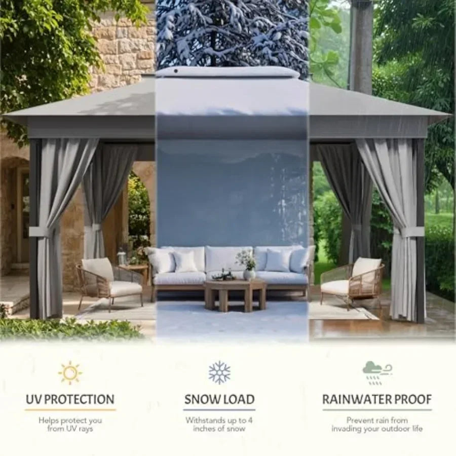 Outdoor Gazebo for Patio 10'x 13' Heavy Duty Metal Fe  with Expansion Bolts Double Roofs Party Tent Shelter with Mosquito Netti