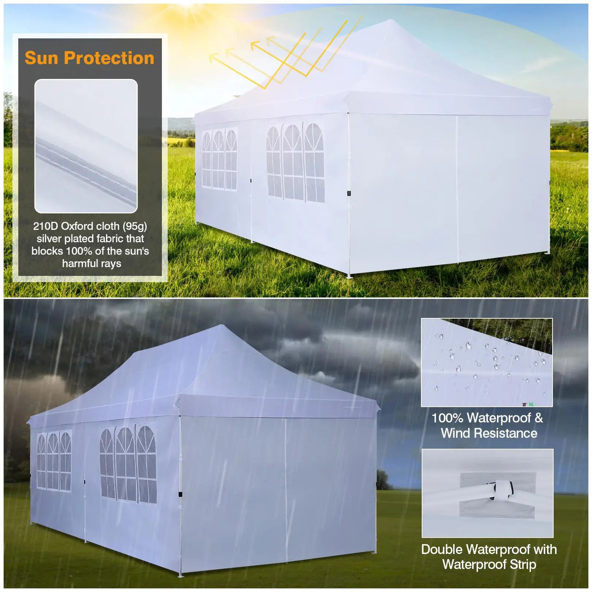 10x20 Pop up Canopy Heavy Duty Party Tent with 6 Removable Sidewalls, Waterproof Commercial Outdoor Gazebo for Wedding Events BBQ, Instant Sun Protection Shelter Multi-color Raised Roof Pavilion with 4 Sandbags Carrying Bag