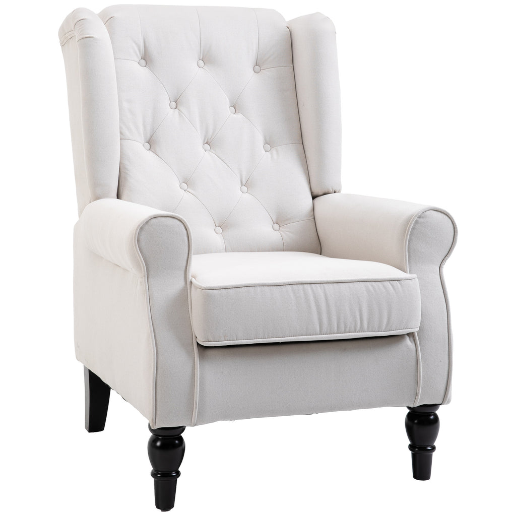 HOMCOM Mid-Century Modern Accent Chair, High Wingback Reading Chair, Button-Tufted Upholstered Fabric Armchair with Retro Wood Legs for Apartment, Living Room, Bedroom, Cream White